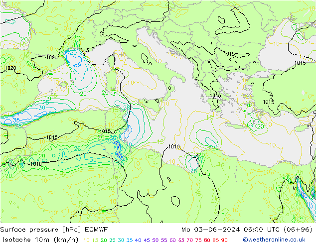 Isotachs (kph) ECMWF Mo 03.06.2024 06 UTC