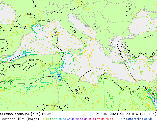 Eşrüzgar Hızları (km/sa) ECMWF Sa 04.06.2024 00 UTC