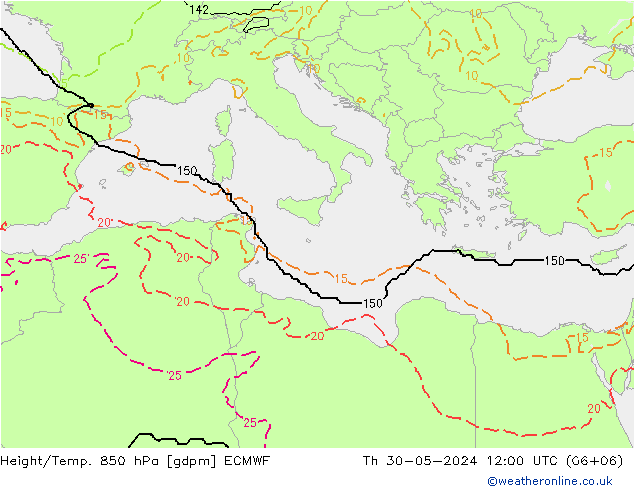 Hoogte/Temp. 850 hPa ECMWF do 30.05.2024 12 UTC