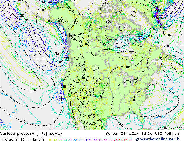 Isotachs (kph) ECMWF Su 02.06.2024 12 UTC