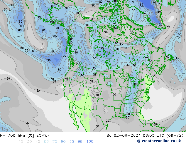 RH 700 гПа ECMWF Вс 02.06.2024 06 UTC