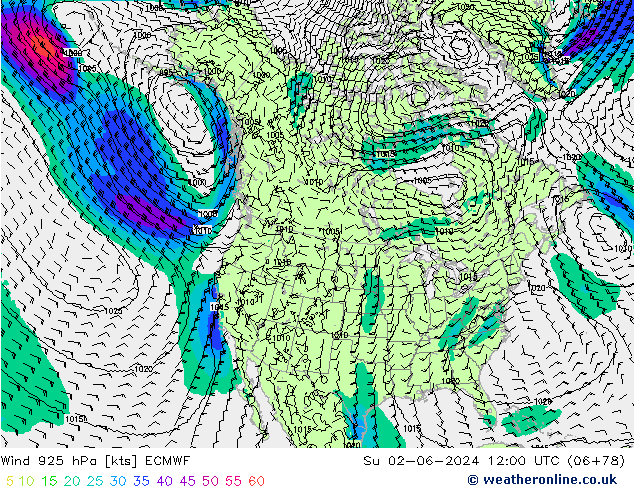 Wind 925 hPa ECMWF Su 02.06.2024 12 UTC