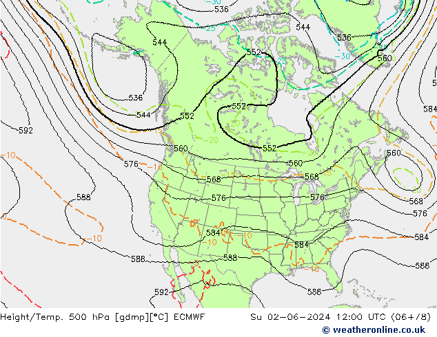 Height/Temp. 500 hPa ECMWF Su 02.06.2024 12 UTC