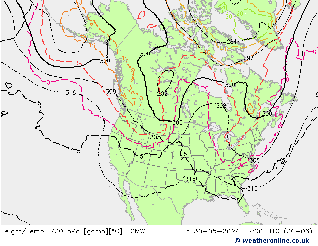 Height/Temp. 700 hPa ECMWF Th 30.05.2024 12 UTC