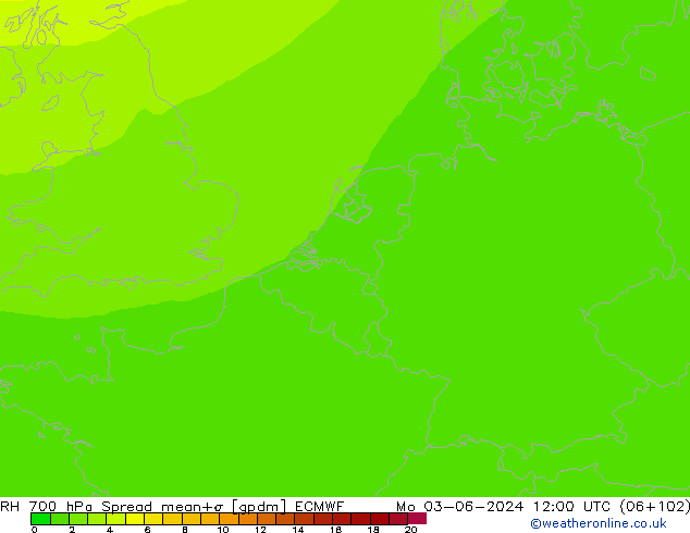 700 hPa Nispi Nem Spread ECMWF Pzt 03.06.2024 12 UTC