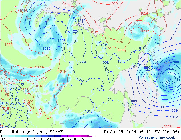 Precipitación (6h) ECMWF jue 30.05.2024 12 UTC