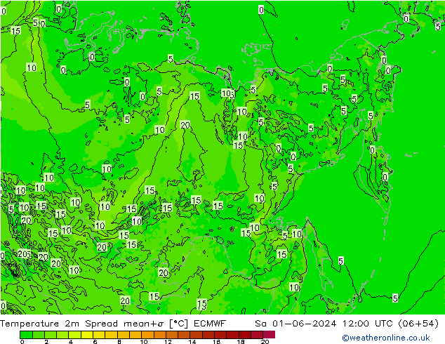 température 2m Spread ECMWF sam 01.06.2024 12 UTC