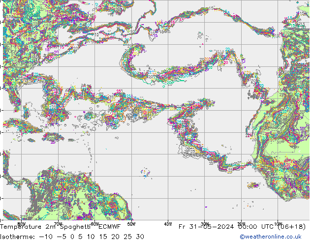 température 2m Spaghetti ECMWF ven 31.05.2024 00 UTC