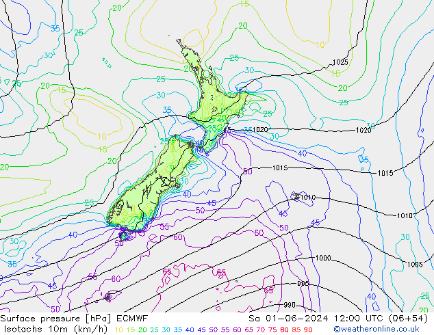 Isotachs (kph) ECMWF Sa 01.06.2024 12 UTC