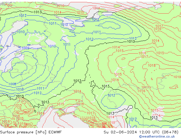 Luchtdruk (Grond) ECMWF zo 02.06.2024 12 UTC