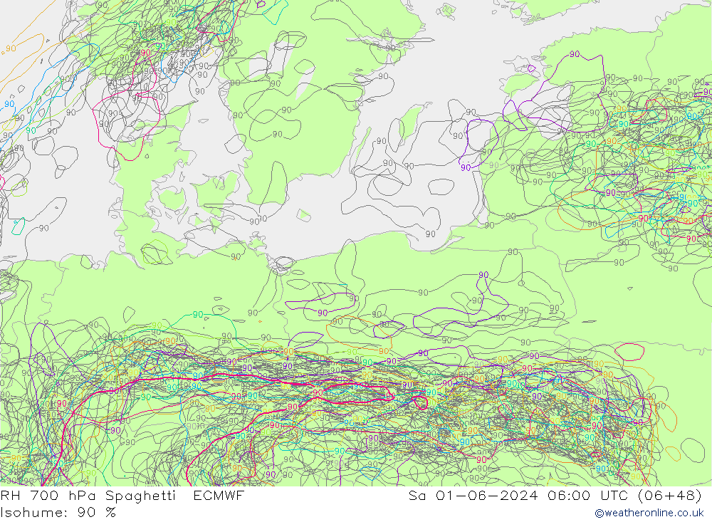 RH 700 hPa Spaghetti ECMWF Sa 01.06.2024 06 UTC