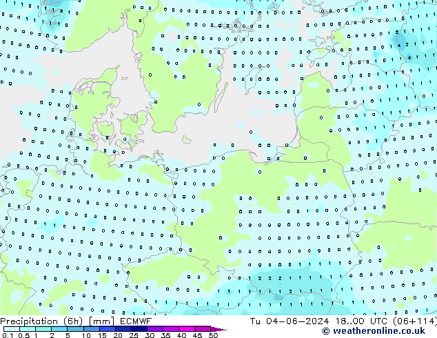 Totale neerslag (6h) ECMWF di 04.06.2024 00 UTC