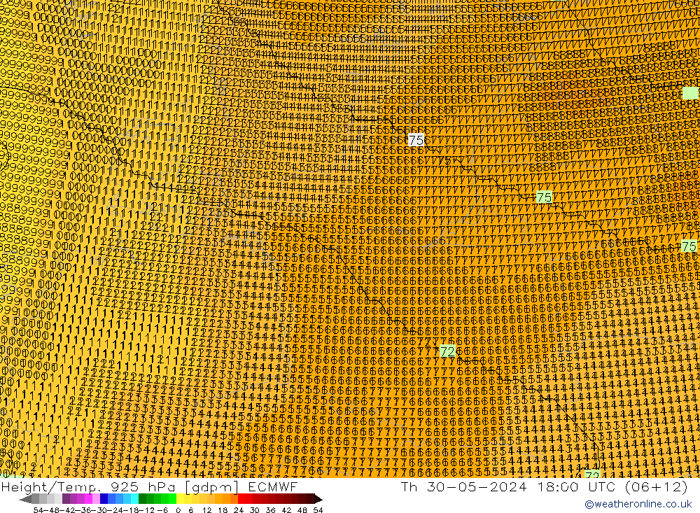 Height/Temp. 925 hPa ECMWF Th 30.05.2024 18 UTC