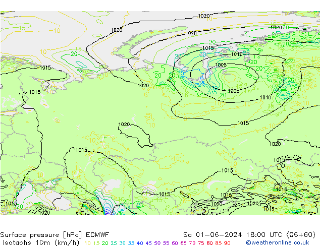 Isotachen (km/h) ECMWF Sa 01.06.2024 18 UTC