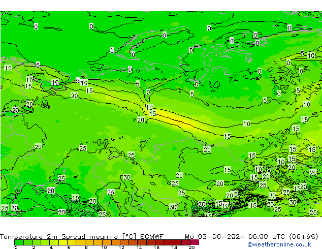 Temperature 2m Spread ECMWF Mo 03.06.2024 06 UTC