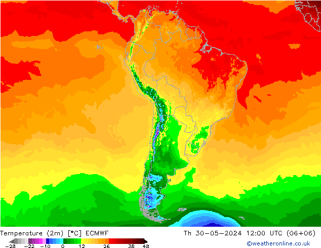 Temperatuurkaart (2m) ECMWF do 30.05.2024 12 UTC