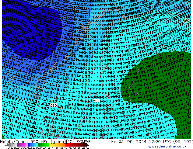 Height/Temp. 500 hPa ECMWF  03.06.2024 12 UTC