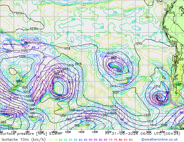 Isotachs (kph) ECMWF Fr 31.05.2024 06 UTC