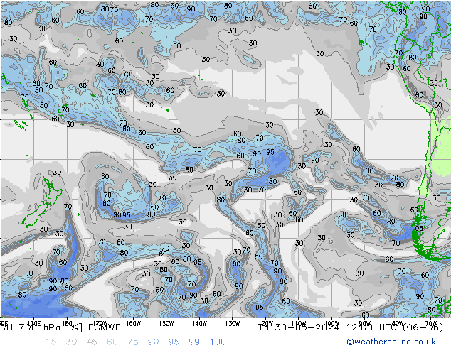 RH 700 hPa ECMWF Qui 30.05.2024 12 UTC