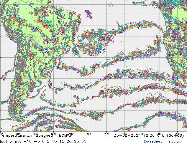 Temperatura 2m Spaghetti ECMWF gio 30.05.2024 12 UTC