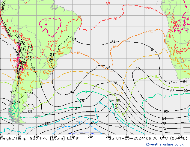 Height/Temp. 925 hPa ECMWF sab 01.06.2024 06 UTC