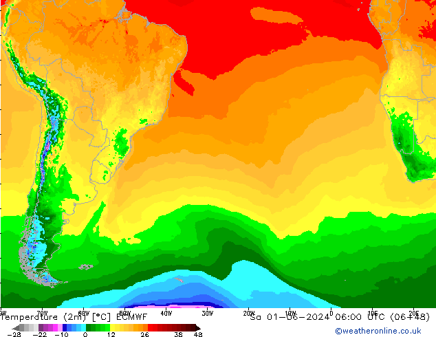 Temperatura (2m) ECMWF sab 01.06.2024 06 UTC