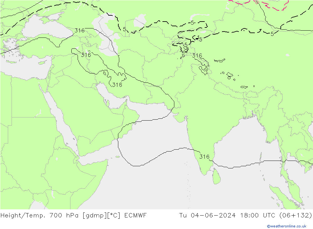 Height/Temp. 700 hPa ECMWF Di 04.06.2024 18 UTC