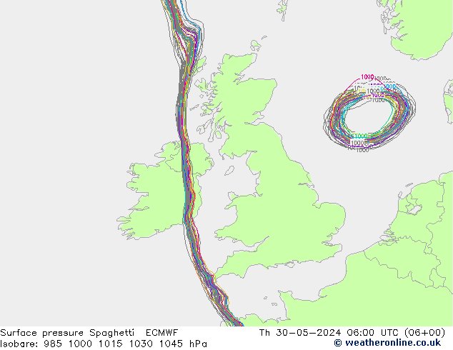 pressão do solo Spaghetti ECMWF Qui 30.05.2024 06 UTC
