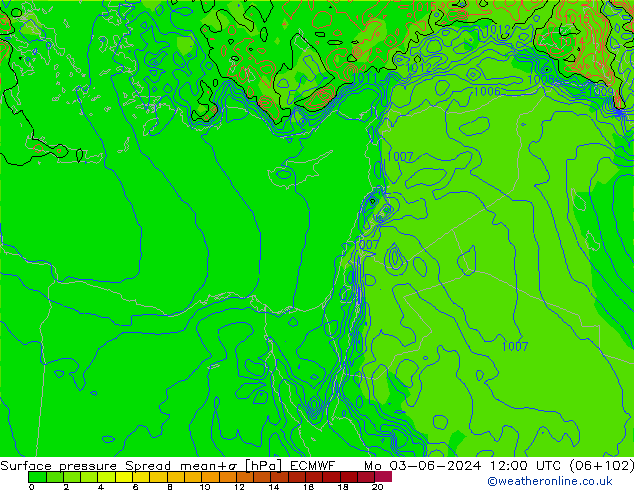 Surface pressure Spread ECMWF Mo 03.06.2024 12 UTC