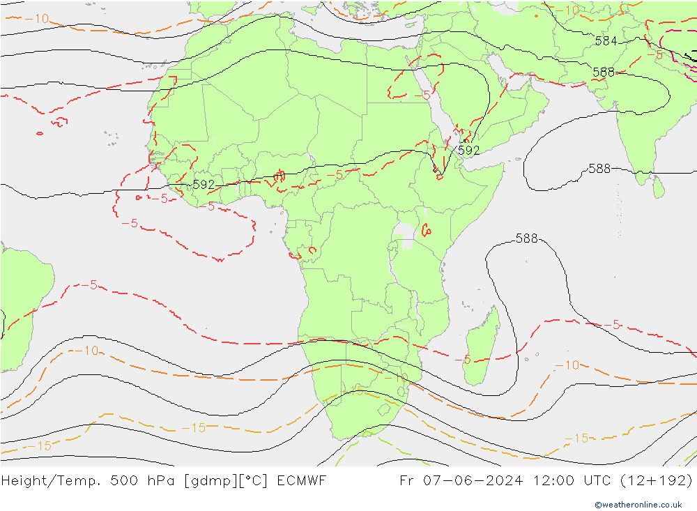 Height/Temp. 500 hPa ECMWF Pá 07.06.2024 12 UTC
