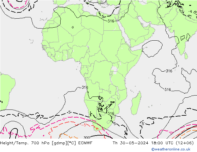 Height/Temp. 700 hPa ECMWF Th 30.05.2024 18 UTC