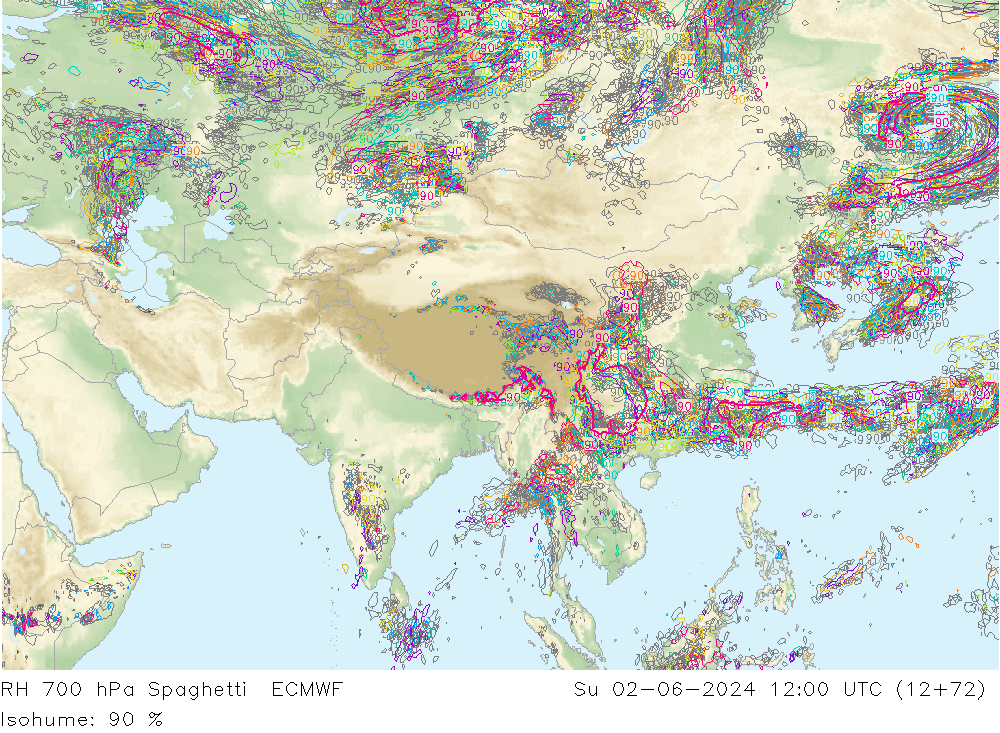 RH 700 hPa Spaghetti ECMWF nie. 02.06.2024 12 UTC