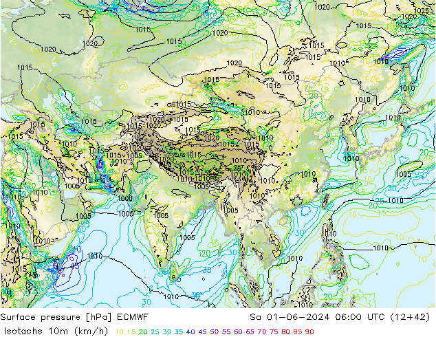 Isotachs (kph) ECMWF Sáb 01.06.2024 06 UTC