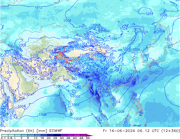 Precipitation (6h) ECMWF Pá 14.06.2024 12 UTC