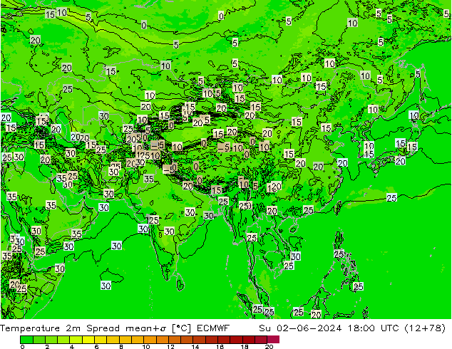 Temperature 2m Spread ECMWF Su 02.06.2024 18 UTC