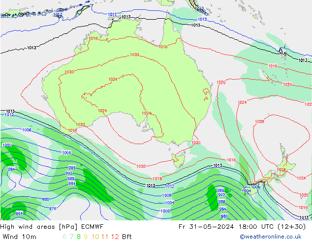 High wind areas ECMWF Fr 31.05.2024 18 UTC