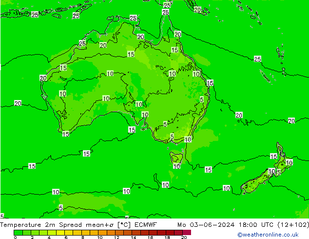 Temperatura 2m Spread ECMWF Seg 03.06.2024 18 UTC