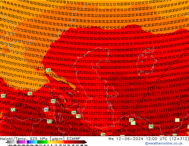 Height/Temp. 925 hPa ECMWF mer 12.06.2024 12 UTC