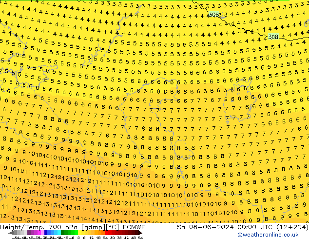 Géop./Temp. 700 hPa ECMWF sam 08.06.2024 00 UTC