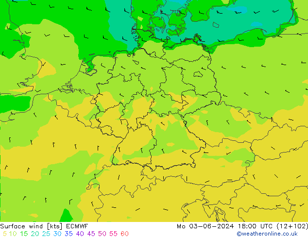 Surface wind ECMWF Mo 03.06.2024 18 UTC