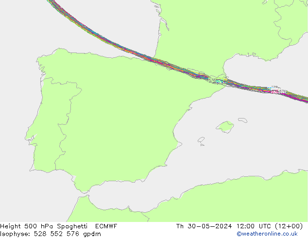 Height 500 hPa Spaghetti ECMWF Čt 30.05.2024 12 UTC