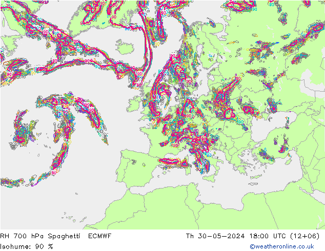 RH 700 hPa Spaghetti ECMWF Th 30.05.2024 18 UTC