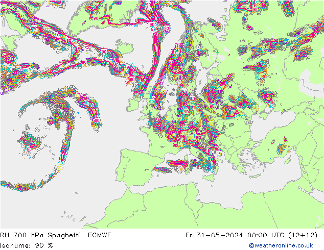 RH 700 hPa Spaghetti ECMWF Pá 31.05.2024 00 UTC