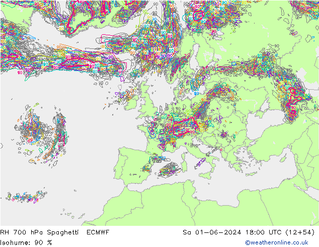 Humedad rel. 700hPa Spaghetti ECMWF sáb 01.06.2024 18 UTC