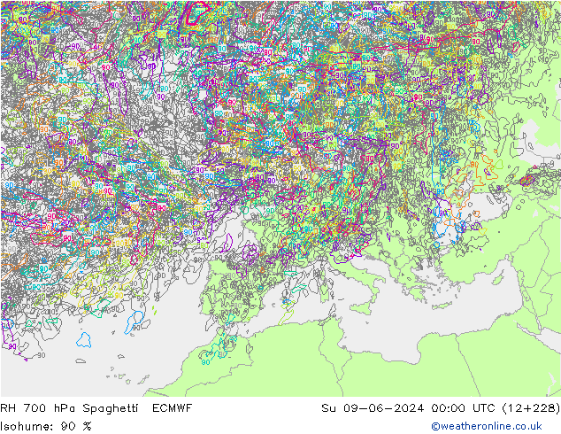 RH 700 гПа Spaghetti ECMWF Вс 09.06.2024 00 UTC