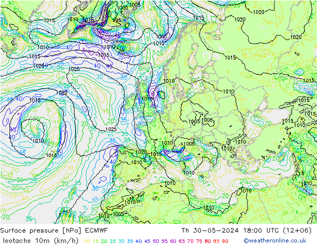 Izotacha (km/godz) ECMWF czw. 30.05.2024 18 UTC