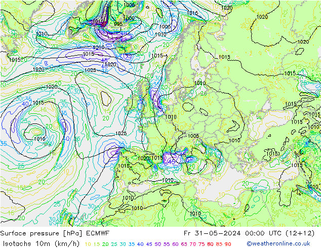 Isotachs (kph) ECMWF Fr 31.05.2024 00 UTC