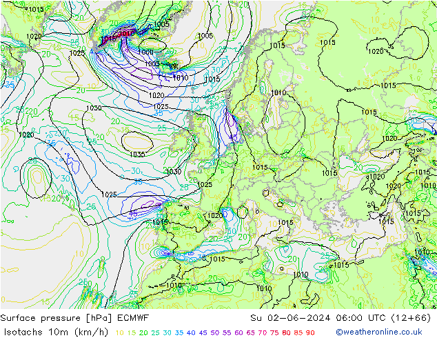 Isotachs (kph) ECMWF Su 02.06.2024 06 UTC