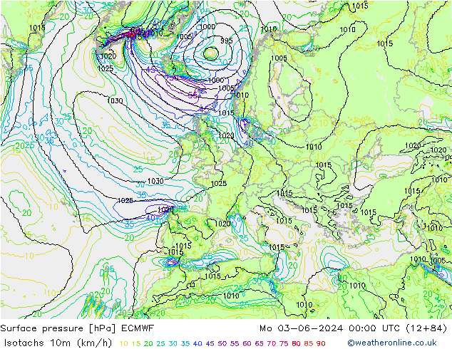 Isotachen (km/h) ECMWF Mo 03.06.2024 00 UTC