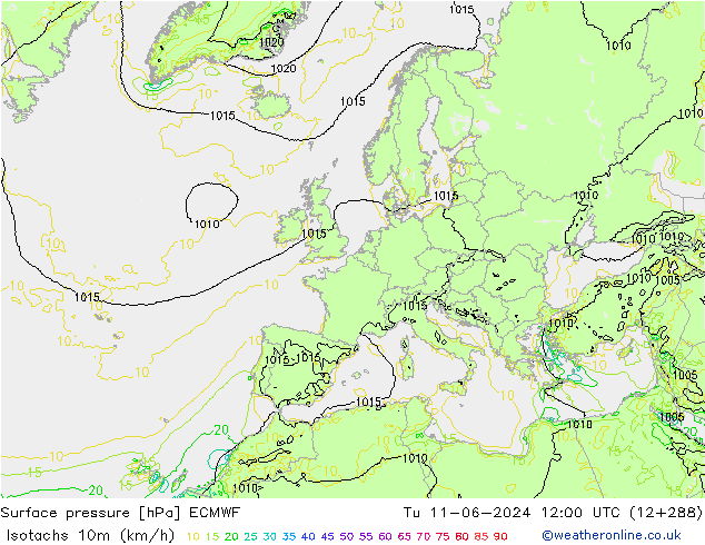 Isotachs (kph) ECMWF вт 11.06.2024 12 UTC